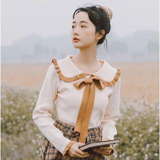 Frilled Collar Bow Accent Knit Top