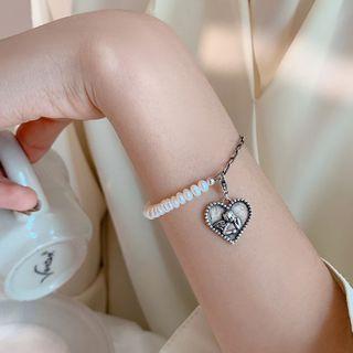 925 Sterling Silver Faux Pearl Heart Bracelet As Shown In Figure - One Size