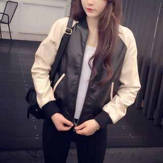 Faux Leather Two-tone Zip Jacket Black - One Size