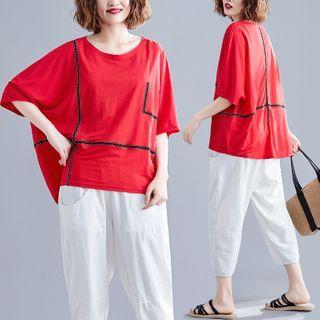 Contrast Stitch Batwing-sleeve T-shirt