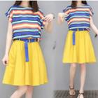 Set: Striped Short Sleeve T-shirt + Plain A-line Skirt
