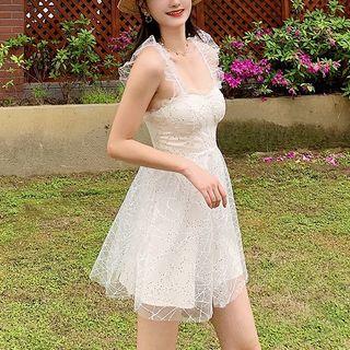 Sleeveless Ruffled Sequined Mesh A-line Mini Dress
