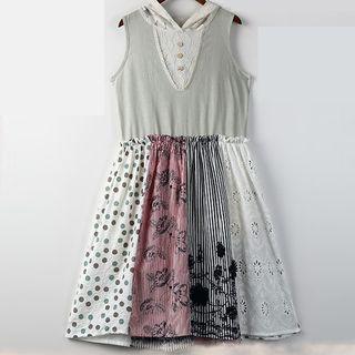 Patterned Panel Short Sleeve A-line Dress As Shown In Figure - One Size
