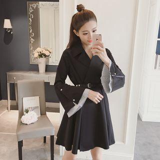 Bell Long-sleeve V Neck Gathered-waist A-line Dress