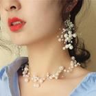 Faux Pearl Necklace / Fringed Earring