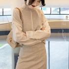 Set: Plaid Panel Long-sleeve Blouse + Mini A-line Skirt