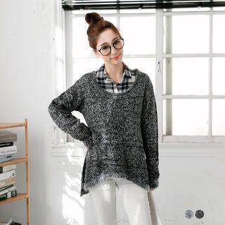 Fuzzy-trimmed Marled Dolman Sweater