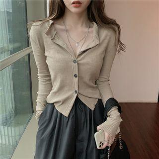 Collared Plain Long-sleeve Cardigan