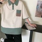 Elbow-sleeve Color Block Collared T-shirt