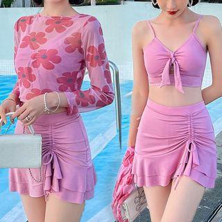 Set: Tankini Top + Drawstring Swim Skirt + Floral Cover Up