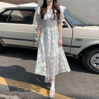 Puff-sleeve Collar Print Midi A-line Dress White - One Size