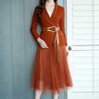 Double-breasted Plain Blazer / Mesh Midi A-line Skirt / Set