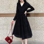 Long-sleeve V-neck Pleuche Midi A-line Dress