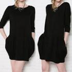 Plain 3/4 Sleeve Mini Dress
