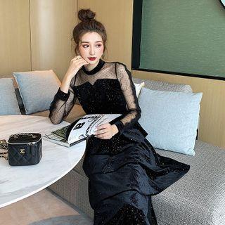 Long-sleeve Tiered Velvet Midi Dress