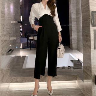 3/4-sleeve Two-tone Cropped Jumpsuit