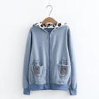 Cat Embroidered Hooded Zip Top