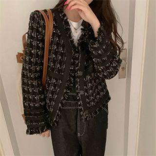 Fray Hem Single-breasted Tweed Jacket Black - One Size