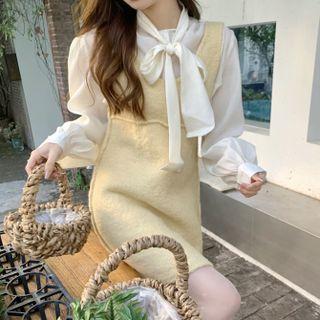 Ribbon Neck Blouse / Overall Dress