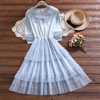 Mock Two-piece Mesh Panel A-line Dress
