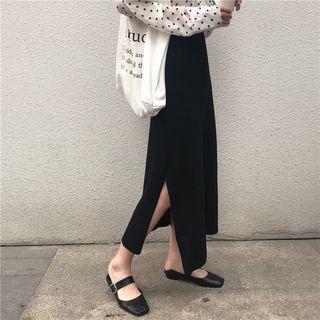 Side-slit Midi H-line Knit Skirt Black - One Size