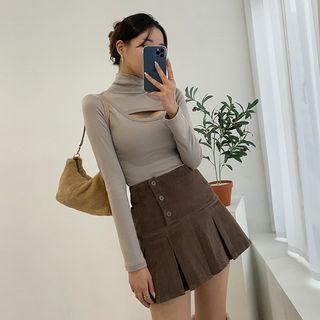 Button-trim Pleated Miniskirt