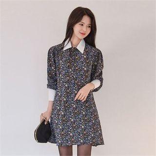 Contrast-collar Flared Floral Shirtdress