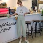 Short-sleeve Lettering T-shirt / Ribbed Wide Leg Pants