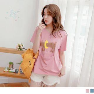 Cartoon Print Front Pocket Short-sleeve Top