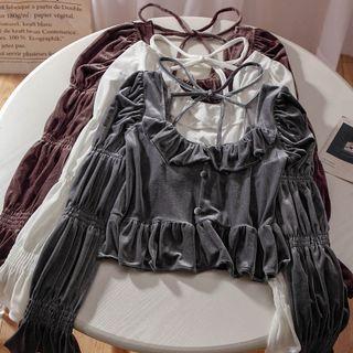 Long-sleeve Frill Trim Velvet Crop Top