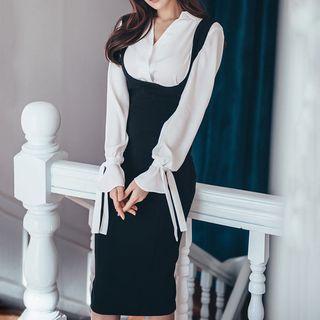 Set: Long-sleeve Blouse + Slit-back Sheath Jumper Dress