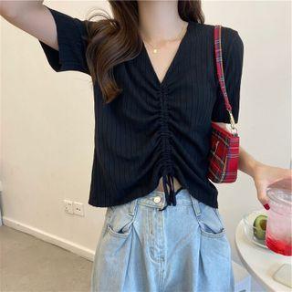Short Sleeve V-neck Drawstring Crop Top