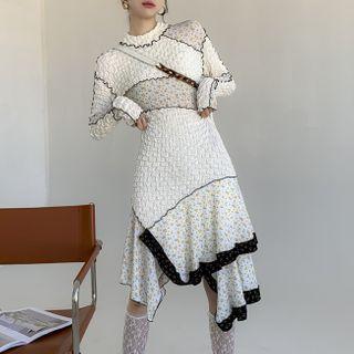 Long-sleeve Floral Panel Midi A-line Dress White - One Size