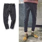 Lettering Fleece-lining Washed Jeans