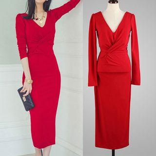 V-neck Long-sleeve Midi Sheath Dress