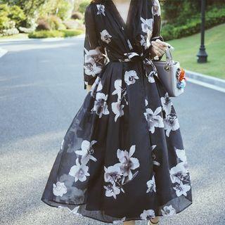 Cropped Sleeve Floral Wrap Midi Dress