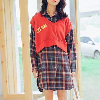 Plaid Long-sleeve Shirtdress / Lettering Vest