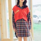Plaid Long-sleeve Shirtdress / Lettering Vest