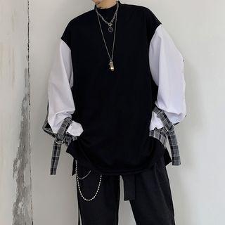 Plaid Panel Mock-turtleneck Pullover
