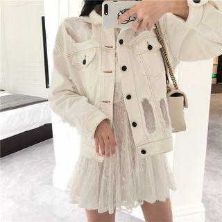 Lace Bell-sleeve Dress / Distressed Denim Jacket