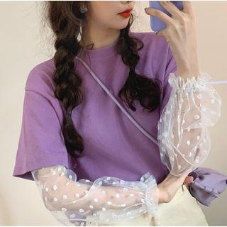 Puff-sleeve Mock Two-piece Floral Panel T-shirt