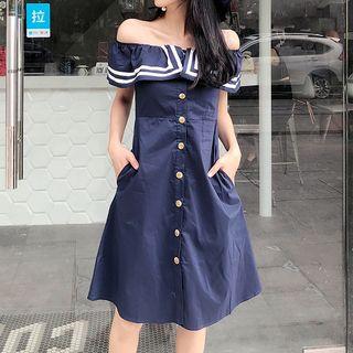 Off-shoulder Collared A-line Dress