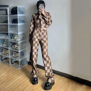 Checkered Cropped Denim Jacket / Straight Leg Jeans
