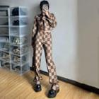 Checkered Cropped Denim Jacket / Straight Leg Jeans