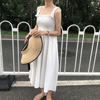 Striped High-waist Sleeveless Smocked Dress As Shown In Figure - One Size