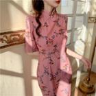 Floral Print Qipao Midi Dress As Shown In Figure - One Size