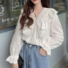 Bell-sleeve Ruffled Lace Panel Blouse White - One Size