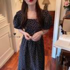 Printed Puff-sleeve Cutout-back Midi A-line Dress