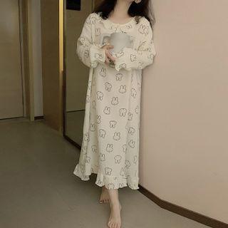 Long-sleeve Rabbit Print Midi Sleep Dress Almond - One Size