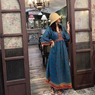 3/4-sleeve V-neck Embroidered Midi Dress